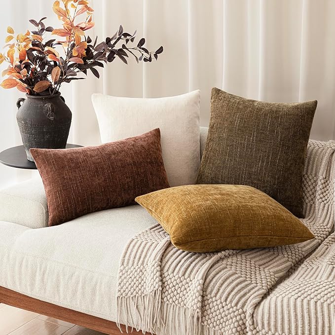 Foindtower Pack of 2 Soft Textured Chenille Throw Decorative Pillow Covers Square Accent Solid Cushion Cover Neutral Farmhouse Pillow Case for Couch Sofa Bedroom Living Room 20x20 Inch,Taupe Brown