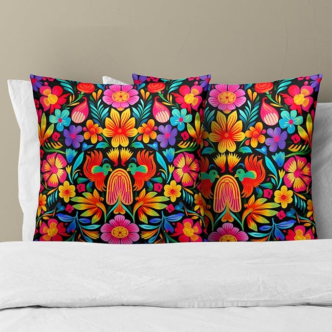 Mexican Throw Pillow Covers 16x16 - Mexico Pillow Cover Colorful Flowers Pillowcase Set of 2 Floral Birds Cushion Cover for Bedroom Home