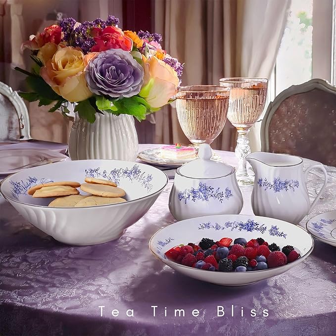 Lynns Paradise Royal Rose Floral 45-Piece Dinnerware Set | Silver Trim | Embossed Swirl | Plates & Bowls Sets | Apartment Essentials | Home Kitchen Accessories | Floral Print