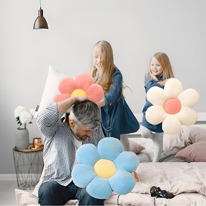 Flower Pillow Set 3 Pcs Flower Shaped Throw Pillow 15.7'' Cute Daisy Flower Pillow Flower Seating Cushions for Adults Kids Home Bedroom Sofa Chair Couch Decor (White/Pink/Blue, 15.74 in)