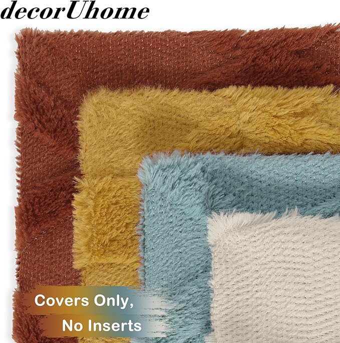 decorUhome Set of 4 Throw Pillow Covers 18x18 Inch, Neutral Decorative Soft Plush Faux Wool Couch Pillow Covers, Farmhouse Pillow Cases for Living Room Bed Sofa (Beige/Rust)