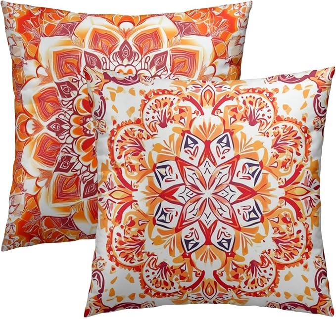 Boho Throw Pillow Covers 18x18 - Orange Floral Pillow Covers Set of 2 Bohemian Pillowcase Botanical Flowers Blossom Cushion Case for Sofa Bed Couch Home