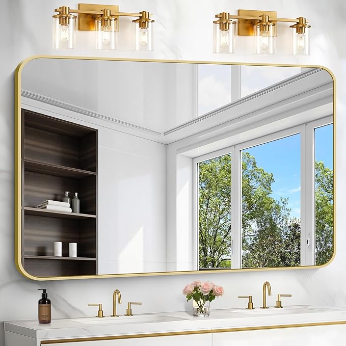 55"x36" Gold Bathroom Mirror, Large Rectangle Mirror, Rectangular Wall Mirror, Rounded Corner Vanity Mirror with Aluminum Metal Frame for Bathroom Bedroom Living Room Horizontal/Vertical