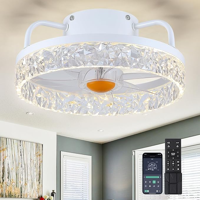 White Ceiling Fans with Lights and Remote - Low Profile Flush Mount Ceiling Fans - 13” Modern Bladeless Enclosed Ceiling Fans with Led Light and Stepless Dimming, White Small Ceiling Fan for Bedroom