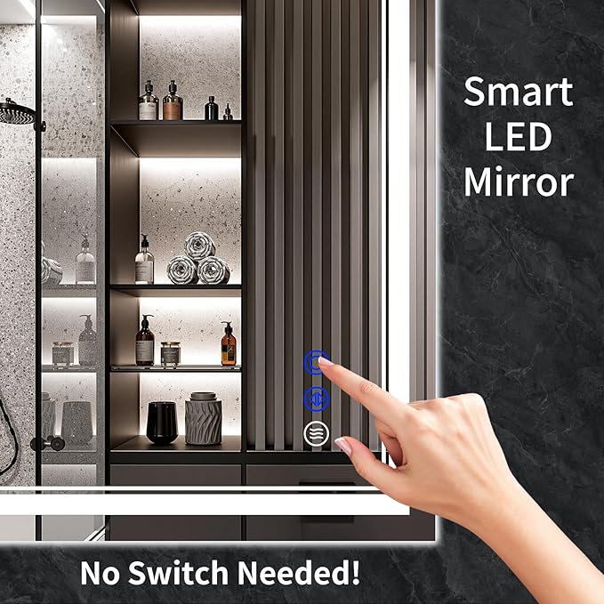 48"x30" LED Bathroom Mirror with Anti-Fog, Stepless Dimmable Lights, 3 Color Modes, Shatter-Proof Tempered Glass, Memory Function & Waterproof Design