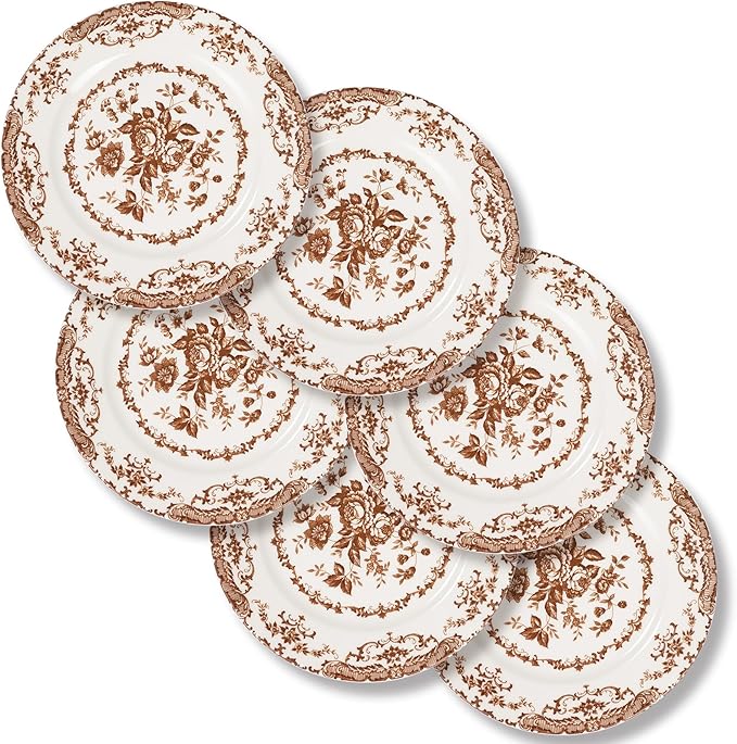 Dinner Plates Set of 6, Ceramic Kitchen Plates Microwave Safe Plates, 10.5 Inch Porcelain Dinner Plates Floral, Brown