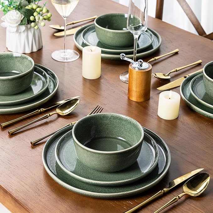 AmorArc Stoneware Dinnerware Sets for 4,Round Reactive Glaze Ceramic Plates and Bowls Set,Highly Scratch Resistant | Dishwasher & Microwave Safe Dishes Set,Service for 4 (12pc)