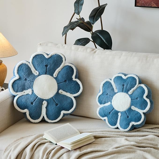 Flower Shaped Decorative Throw Pillow Cushion for Bed Couch, Cute Flower Plush Throw Pillows Home Decor Floor Pillow Seating Cushions (Grey Blue, 17.7 Inches)