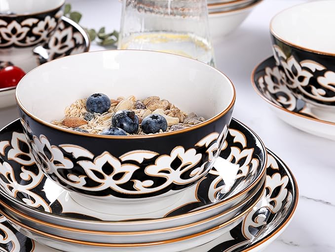 12 Pcs Porcelain Dinnerware Set for 4, Halloween-Themed Brown Floral Embossed Plates and Bowls, Euro Style Ceramic Dish Set with Gothic Vine Pattern, Dishwasher and Microwave Safe, QOMO-1996