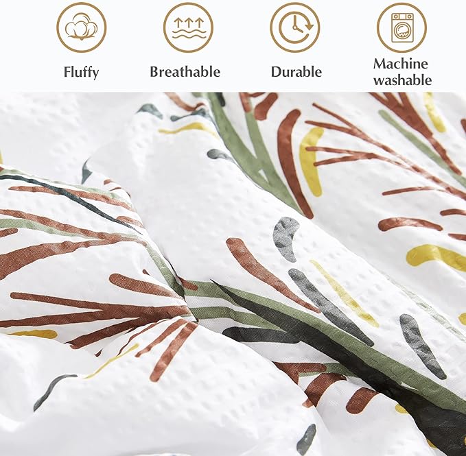 CASAAGUSTO Full Comforter Set 7 PCS White & Green Dandelion Plant Comforter Set with Flowers Leaves Pattern Soft Seersucker Design All Season Bedding Set(Full 80"X90")