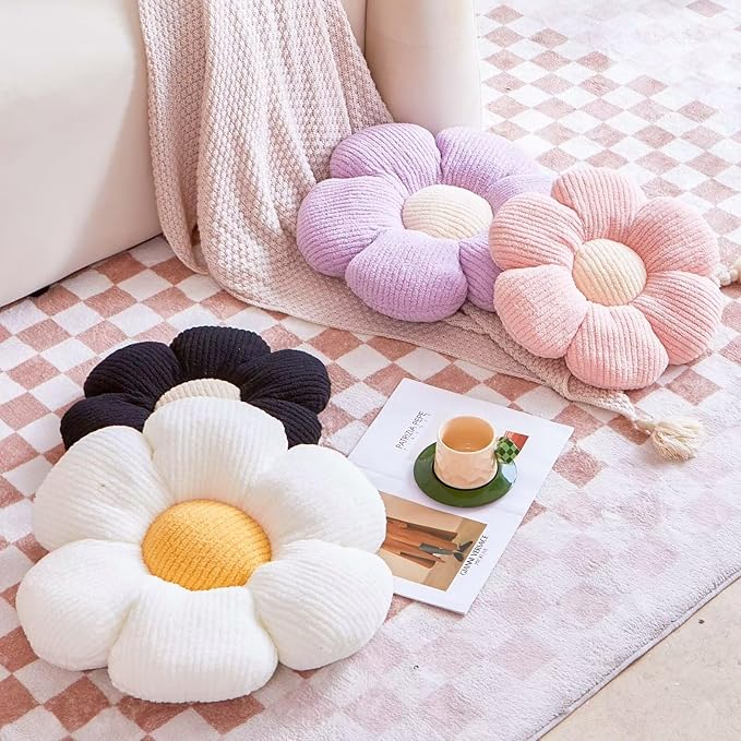 White Flower Decorative Throw Pillows - Cute Daisy Shaped Plush Pillow, Soft 14.9" Floor Seat Cushion