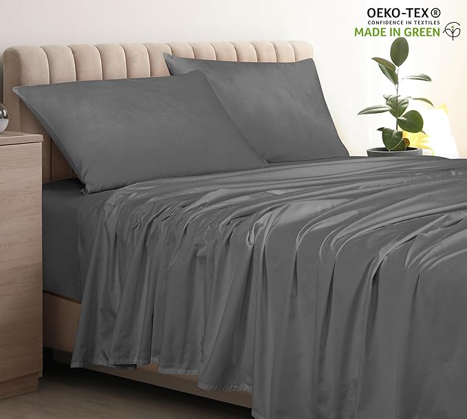 400 Thread Count 100% American Grown Cotton Grey Flat Sheet Only - Cooling Sheets - Luxury Sateen Weave - Queen Size Flat Sheet Sold Separately - Super Soft Cotton Top Sheets (Queen, Spanish Slate)
