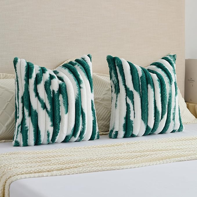 FUTEI Green Decorative Throw Pillow Covers 20x20 Inch Set of 2, Soft Tie-Dye Faux Rabbit Fur Striped Texture Cushion Case, Modern Home Decor for Couch Bed Living Room