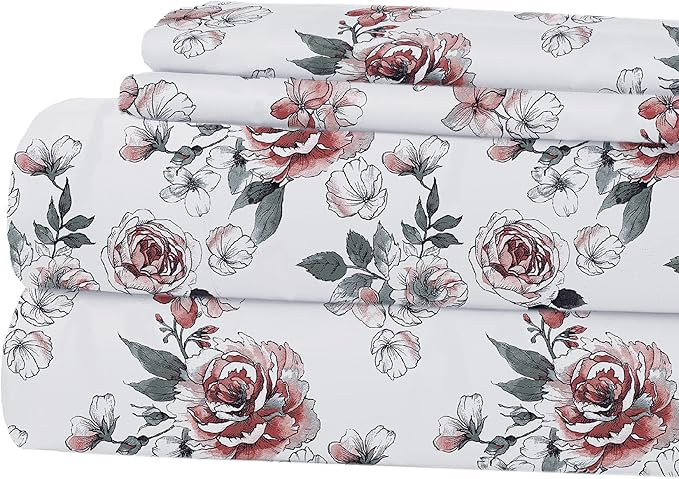 Modern Threads Printed 4-Piece Extra Soft Bedding Sheets & Pillowcase Set, Deep Pocket up to 16 inch Mattress Rose Bloom Cal King