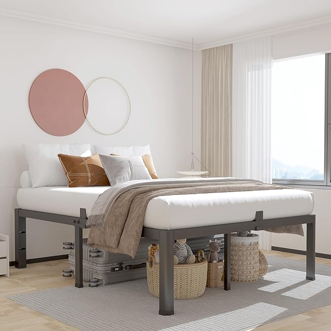 ROIL 14 inch Full Size Bed Frame with Headboard Hole and Round Corner Legs Mattress Retainers 3500LBS Heavy Duty Steel Slats No Box Spring Needed Platform Noise-Free Underneath Storage