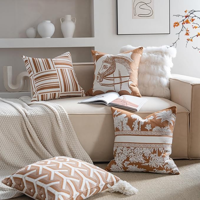 Premium Throw Pillow Covers 18x18 Inches - Tawny Birch Mosaic Grid Chenille Jacquard Embroidery Decorative Couch Pillow Covers for Living Room Bedroom Sofa Home Décor