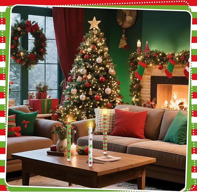 Baquler 6 Pcs Christmas Flameless Taper Candles 10.6 Inch Elf Theme Candles Battery Operated LED Christmas Candlesticks for Xmas Centerpiece Holiday Party Decor