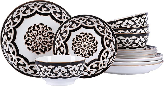 12 Pcs Porcelain Dinnerware Set for 4, Halloween-Themed Brown Floral Embossed Plates and Bowls, Euro Style Ceramic Dish Set with Gothic Vine Pattern, Dishwasher and Microwave Safe, QOMO-1996