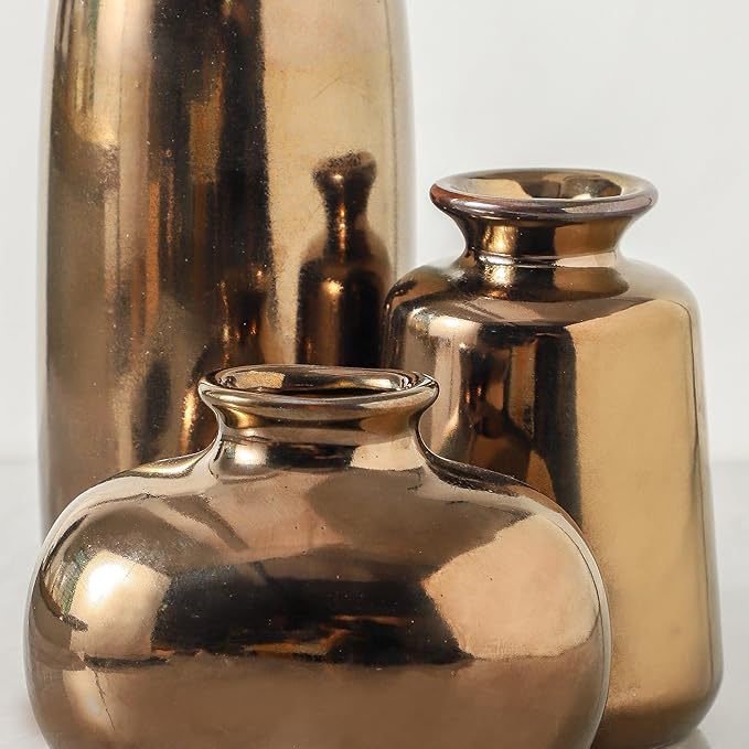 Ceramic Vase Set of 3,Brown Modern Farmhouse Pottery Vases, Neutral Rustic Vases for Pampas Grass, Dried & Fresh Flowers - Ideal for Bedroom, Living Room, Bookshelf, Mantel, Centerpiece Table Decor