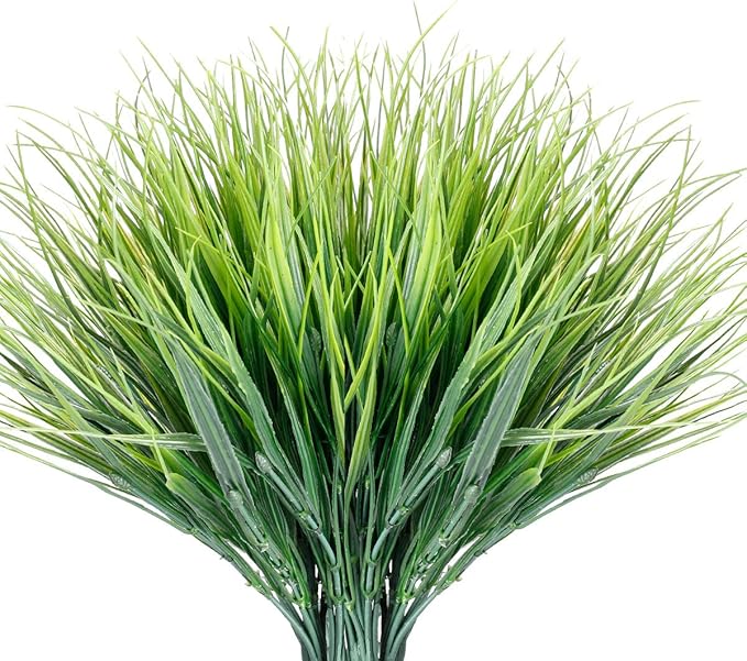 12 Bundles Artificial Grasses Outdoor UV Resistant Fake Grass No Fade Faux Plastic Plants Garden Window Box Decorating(Green Grass)