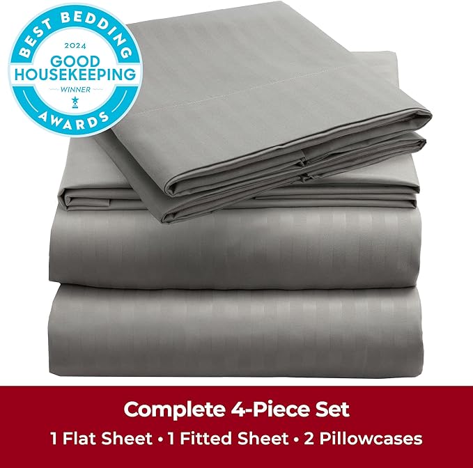 Mellanni California King Sheets Set - 4 PC Iconic Collection Bedding - Hotel Luxury, Extra Soft, Cooling Bed Sheets - Wrinkle, Fade, Stain Resistant (Cal King, Striped Gray/Silver)
