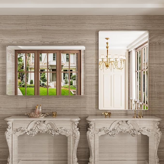 Brushed Nickel Bathroom Mirror 48x30 Inch, Brushed Silver Metal Frame Mirror Wall Mounted, Rounded Rectangle Bathroom Vanity Mirror, Tempered Glass, Anti-Rust, Horizontal/Vertical