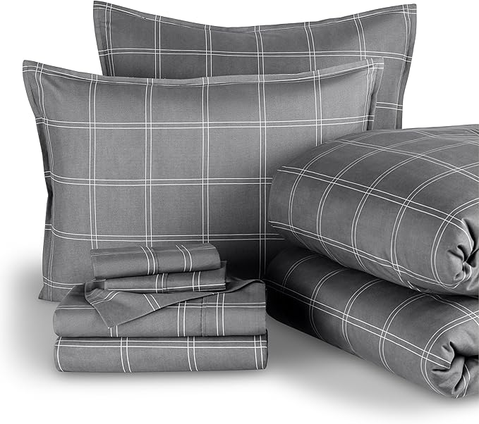 Bare Home Bed-in-A-Bag 7 Piece Comforter & Sheet Set - Queen - Track Stitch - Goose Down Alternative - Ultra-Soft 1800 Premium - Bedding Set (King, Modern Plaid - Grey/White)