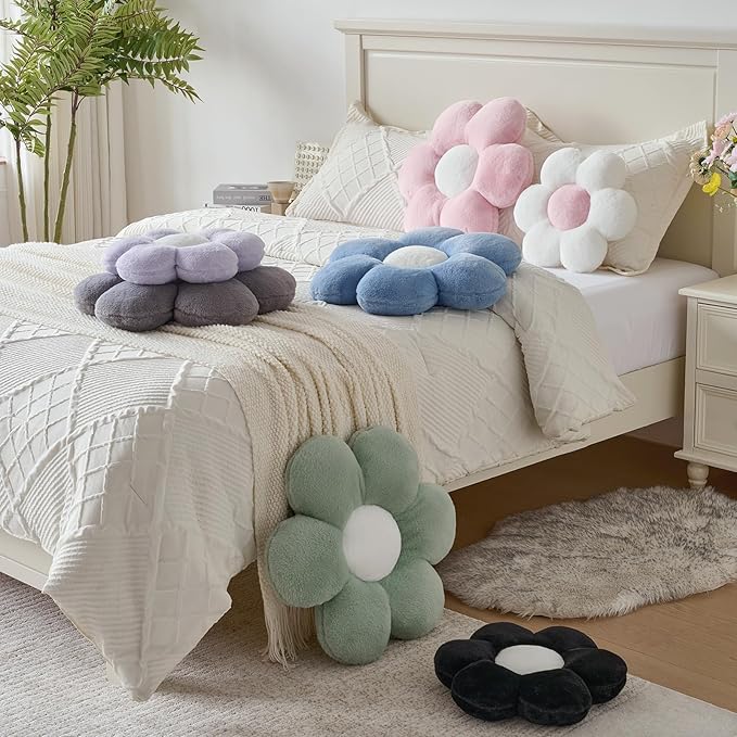 Flower Pillow, Decorative Throw Pillows for Couch Bed, Cute Daisy Home Decor Flower Shaped Pillows for Bedroom Living Room (Grey Blue, 19.6 Inches)