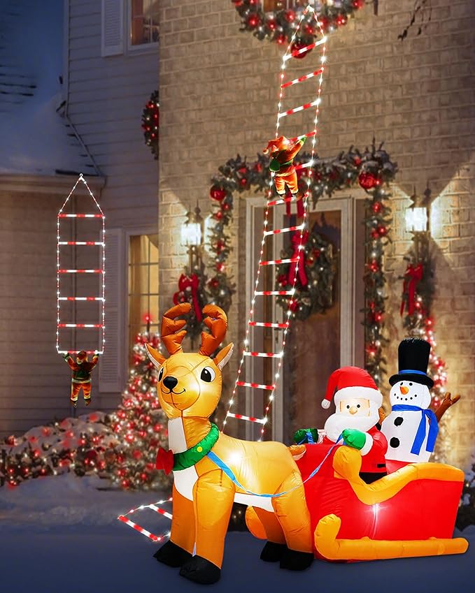 Toodour LED Christmas Lights - 10ft Christmas Decorative Ladder Lights with Santa Claus, Xmas Decorations Light for Indoor Outdoor, Window, Garden, Home, Wall, Xmas Tree Decor - White & Red
