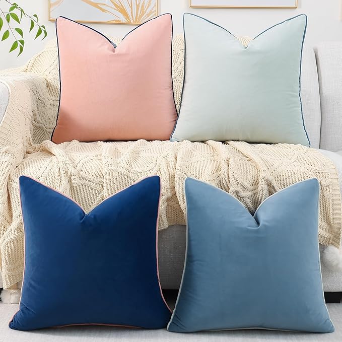 Mecatny Set of 4 Velvet Throw Pillow Covers 20x20, Soft Colorful Accent Decorative Couch Pillow Covers for Sofa Bedroom Living Room, Blue/Pink