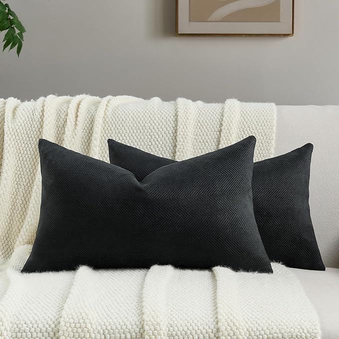 FUTEI Black Chenille Throw Pillow Covers 12x20 Inch Set of 2,Soft Wide Chevron Textured Lumbar Pillow Cases,Farmhouse Home Decor for Couch Living Room