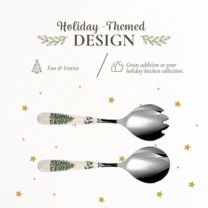 Spode Christmas Tree Salad Server Set (2-Piece) - 10 Inch Stainless Steel with Porcelain Handles, Festive Flatware for Holiday Dining - Dishwasher Safe, Seasonal Entertaining & Gift-Giving