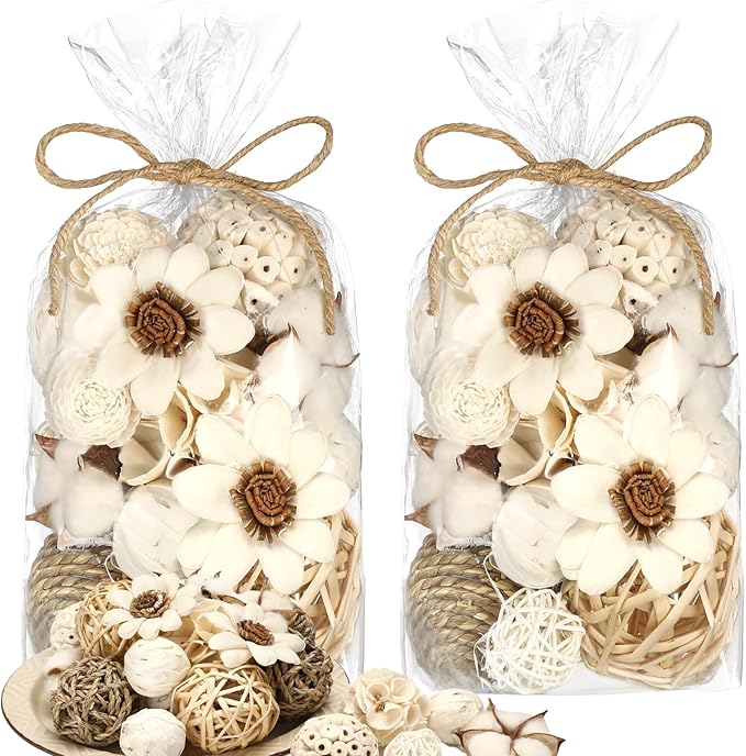 Riceshoot 2 Pack Decorative Balls Potpourri Bowl Filler Decor Natural Vase Bowl Filler Assorted Spherical Rattan Twigs Wicker Balls Cotton for Home Centerpiece(White)