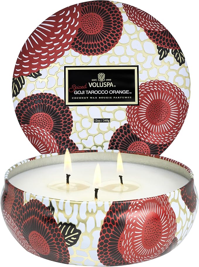 Voluspa Spiced Goji Tarocco Orange, 3 Wick Tin Candle, 12 Ounces, 40 Hour Burn Time, Coconut Wax for Clean Burning, Handcrafted in The USA