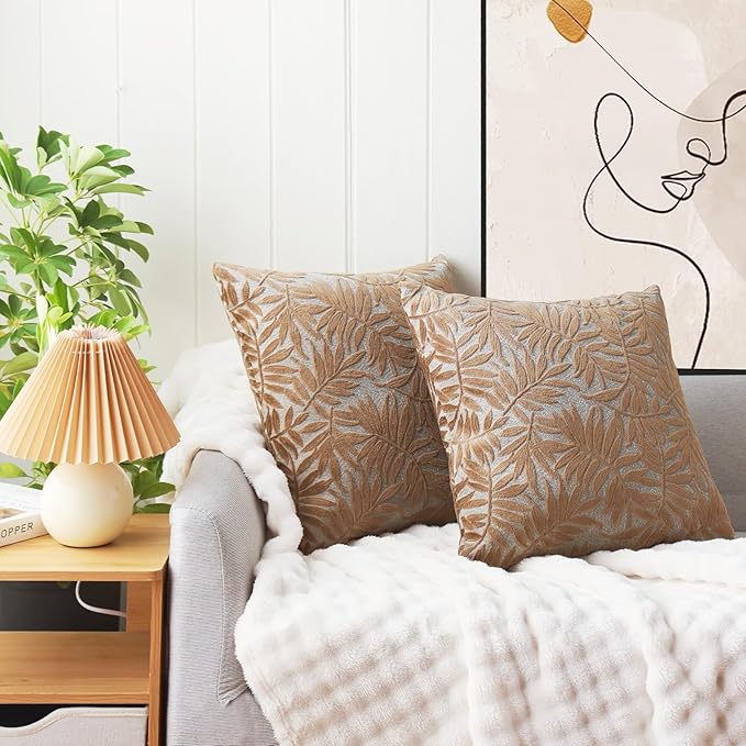 HPUK Leaf Cut Velvet Throw Pillow Covers Pack of 2, 18x18 Inch Accent Cushion Covers for Living Room, Bedroom, Decorative Pillow Covers for Couch, Sofa, Chair, Brown