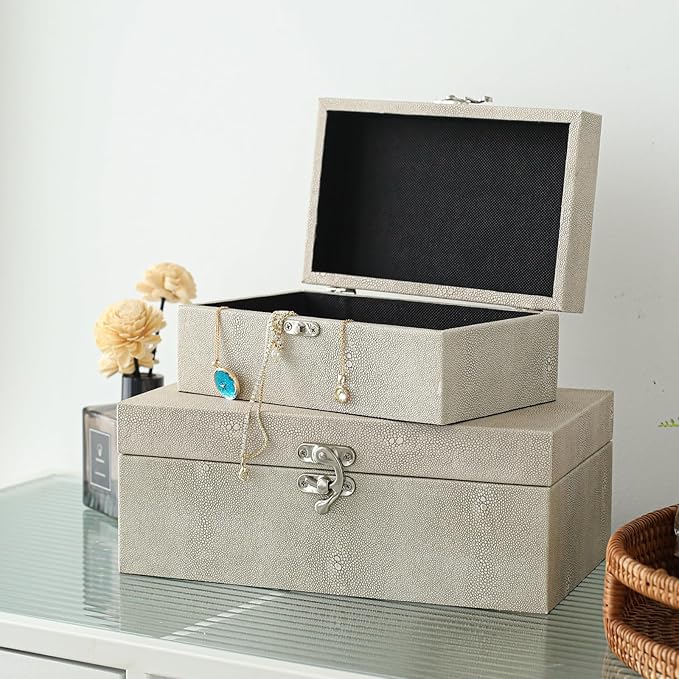 Faux Shagreen Leather Decorative Storage Boxes Set of 2, Ivory