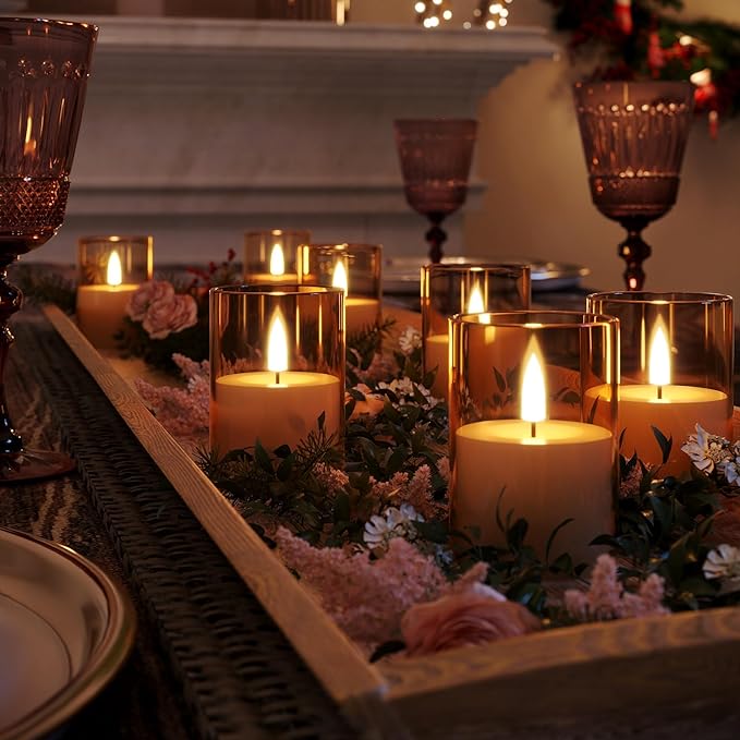 12Pack Flickering Flameless LED Candles with Timer, Battery Powered - Small Pillar & Votive, Acrylic Made, Gold (2"X3")