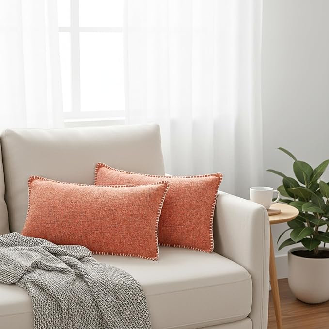Lumbar Pillow Covers with Stitched Edge 12x20 inch Orange Set of 2 Soft Textured Chenille Oblong Rectangular Cushion Covers Modern Decorative Pillowcases for Chair Sofa Couch Pillows