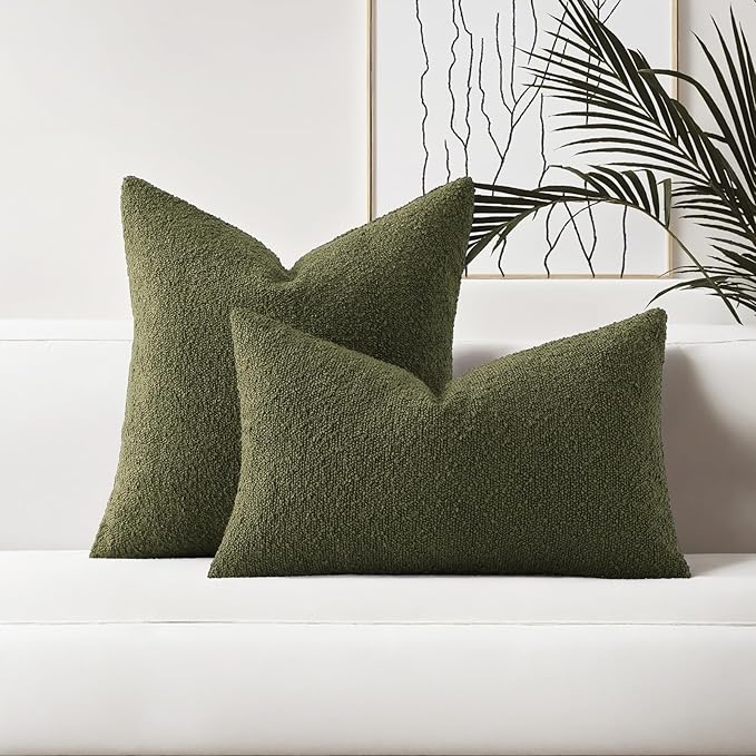HAUSSY Set of 2 18x18 Decorative Throw Pillow Covers, Soft Cozy Textured Boucle Couch Cases, Home Decor for Couch Bed Living Room, Moss Green