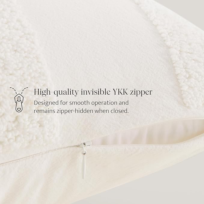 Double Stitch Checkered Throw Pillow Covers - 100% Cotton Set of 2 Tufted Boho Decorative Pillow Covers 18x18, Made in India, Square Cushion Case, Modern Home Decor for Couch, Sofa, Living Room, Cream