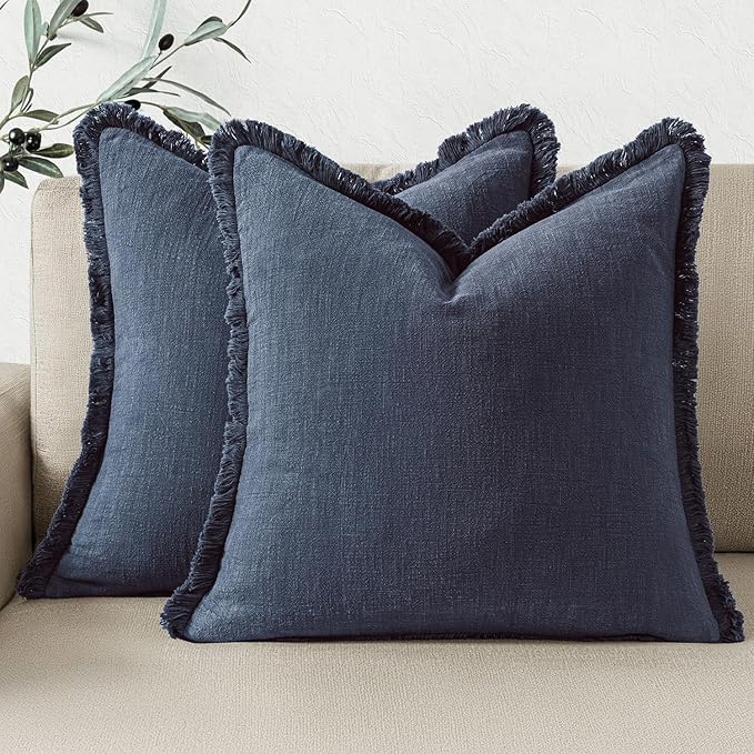 Woaboy Decorative Linen Fringe Throw Pillow Covers Boho Farmhouse Soft Euro Cushion Covers Accent Pillowcases with Tassels for Living Room Couch Sofa Bed Chair,26x26 Inch Set of 2,Blue