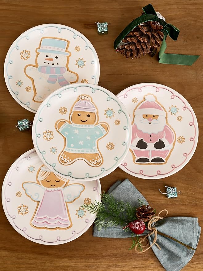 Bico Pastel Gingerbread Man Ceramic 8.75 inch Holiday Salad Plates Set, Set of 4, for salad, appetizer, tapas, Microwave and Dishwasher Safe, Scratch Resistant