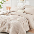 HYMOKEGE Beige Queen Comforter Set Seersucker 7 Pieces, All Season Luxury Bed in a Bag for Bedroom, Bedding Set with Comforters, Sheets, Pillowcases & Shams