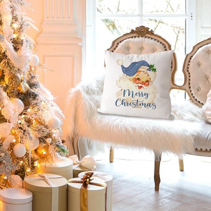 DOTAIN Christmas Pillow Covers,Blue Merry Christmas Pillow Covers 18x18,Vintage Santa Decor,Blue Christmas Decorations Decor,Vintage Christmas Santa Pillow Covers,Blue Vintage Christmas Decorations