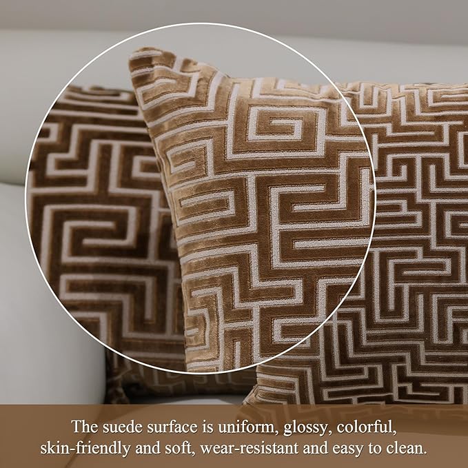 HPUK Geo Cut Velvet Throw Pillow Covers Pack of 2, 18x18 Inch Accent Cushion Covers for Living Room, Bedroom, Decorative Pillow Covers for Couch, Sofa, Chair, Brown