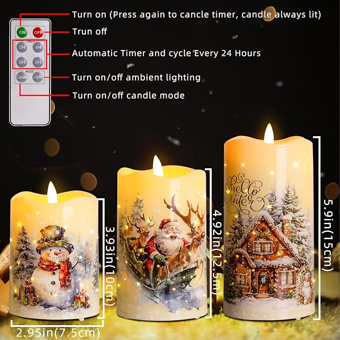 Christmas Flameless Flickering LED Candles with Remote Timer,Battery Operated 3D Wick Pillar Candles Fiber OIptic Decorative Lights Set of 3 for Decorations Indoor