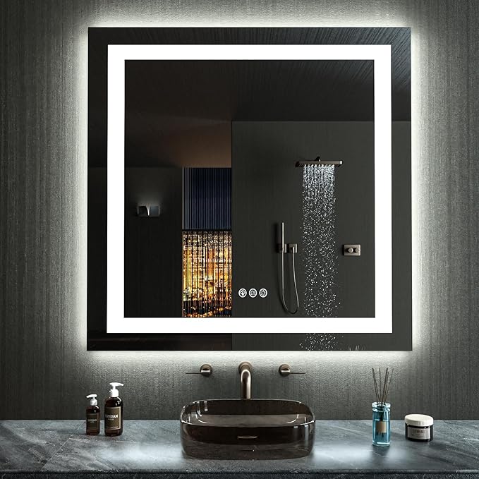 LOAAO 38"X38" LED Bathroom Mirror with Lights, Anti-Fog, Dimmable, RGB Backlit + Front Lighted, Bathroom Vanity Mirror for Wall, Memory Function, Waterproof, Tempered Glass