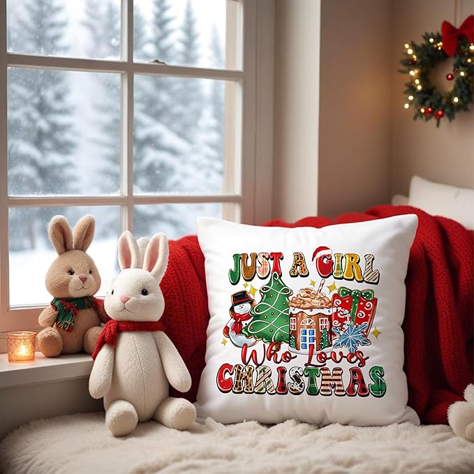 Just a Girl Who Loves Christmas Pillow Covers 18x18, Trendy Xmas Pillow Covers for Couch, Christmas Decorations for Living Room, Bedroom Home