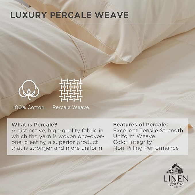 Linen Home 100% Cotton Percale Weave Fitted Sheet, King Size, Ivory, 1 Deep Pocket Fitted Sheet, Fits Mattress Upto 16" Crisp and Cool Strong Bed Linen, 78"X80"+15"