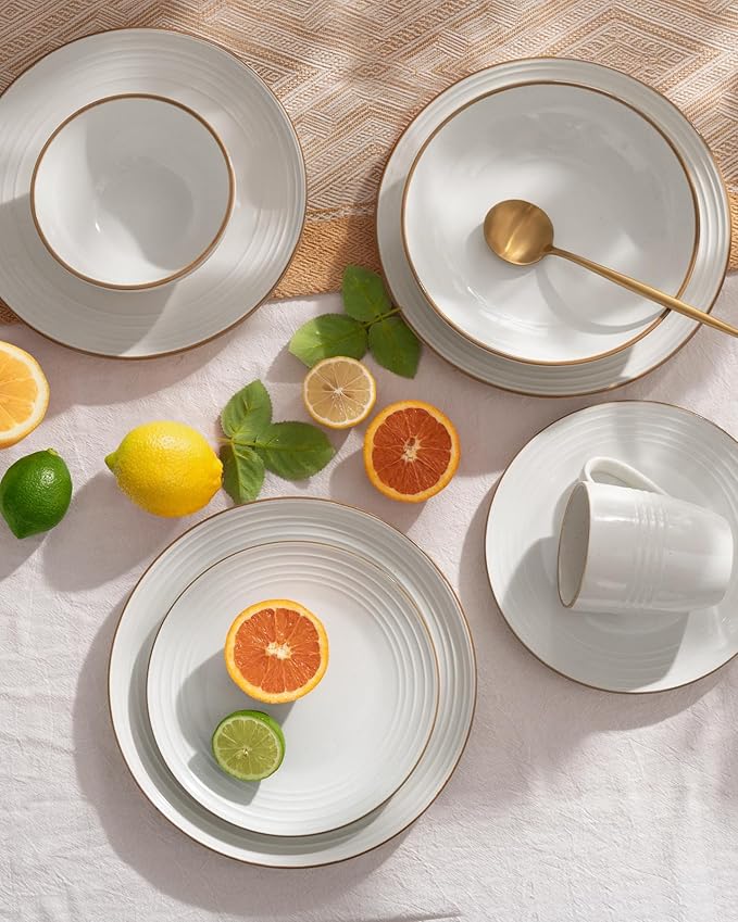 Famiware Jupiter Dinnerware Set, Plates and Bowls Dish Sets for 6 (18 Pieces), Microwave and Dishwasher Safe Stoneware Speckled Tableware, Chip and Scratch Resistant, White